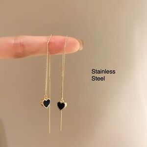 Gold Stainless Steel Heart Threader Earrings Dangle Drop Black Charm Women